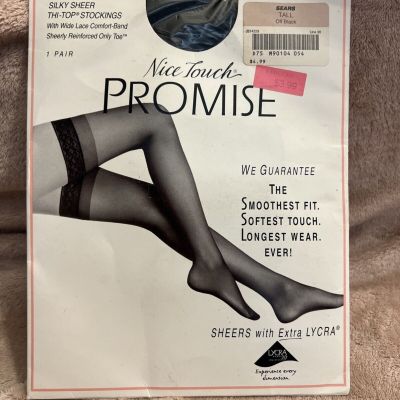 Vintage Sears Nice Touch Promise Thi-Top Tall Black Stockings Reinforced Toe NOS